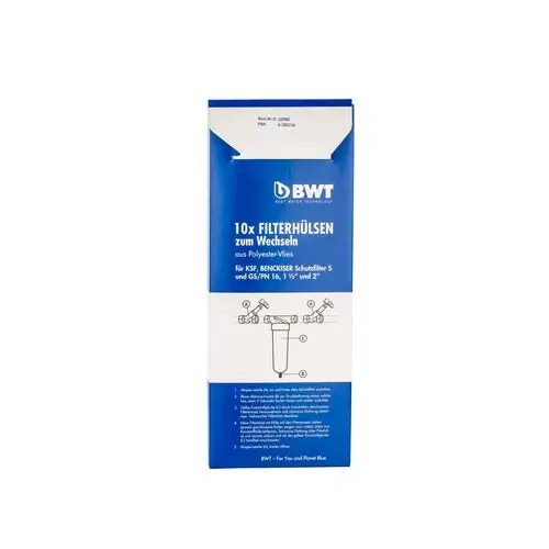 Verpackung mit 10 Filterhülsen aus Polyester-Vlies von BWT, geeignet für KSF und BENCKISER Schutzfilter S sowie GS/PN 16, 1 ½” und 2”.